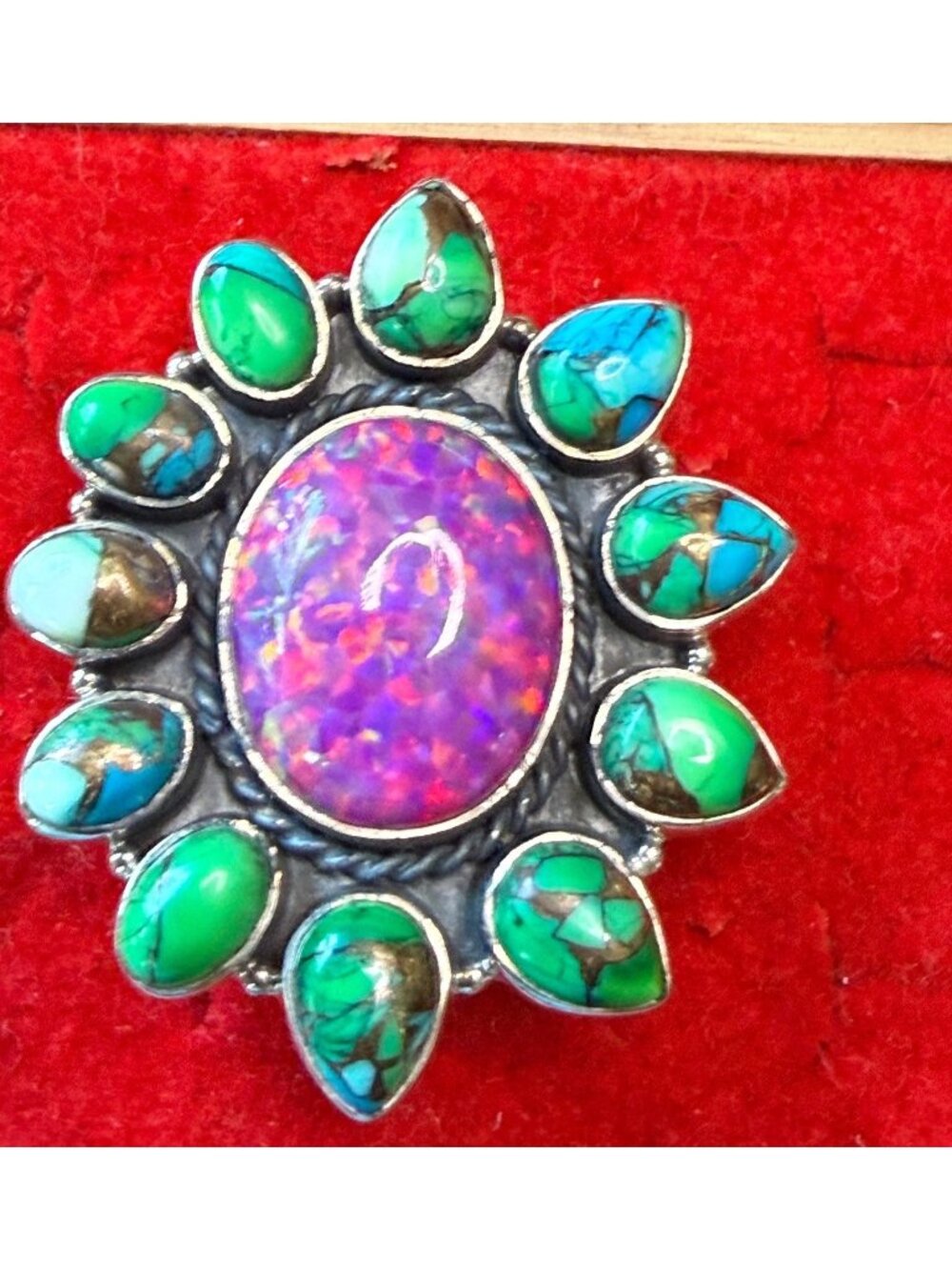 Adjustable Sterling Silver Pink Opal & Turquoise Dahlia Ring